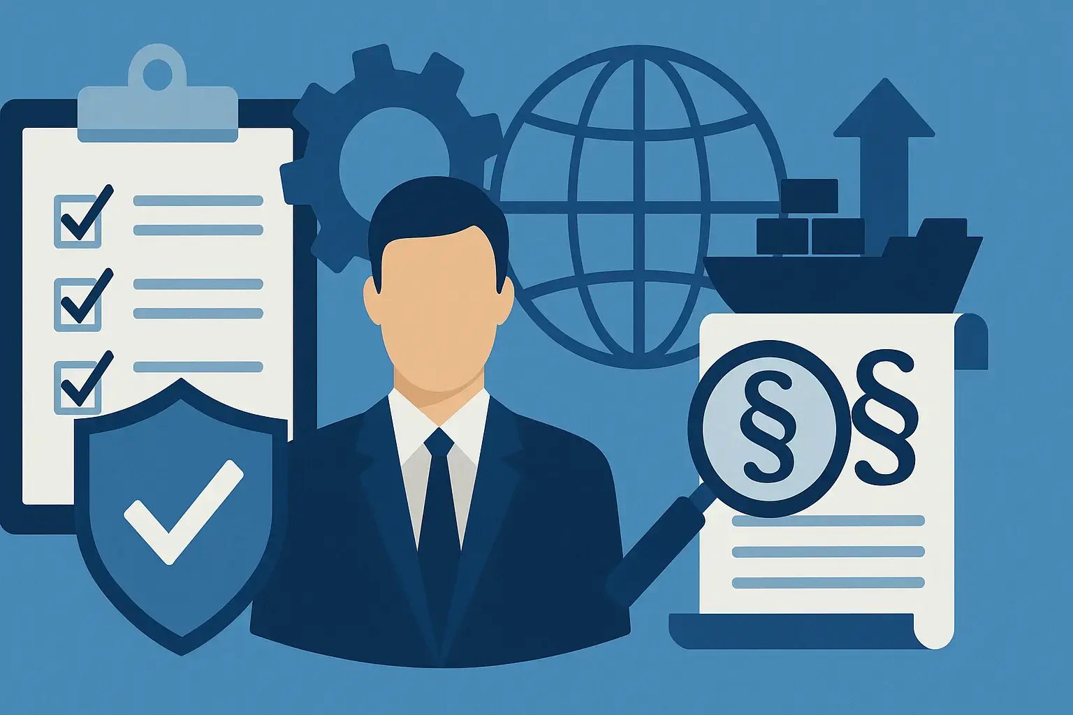 Grafische Darstellung von Compliance mit Checklisten, einem Gesetz und einem geschäftsmännischen Symbol.