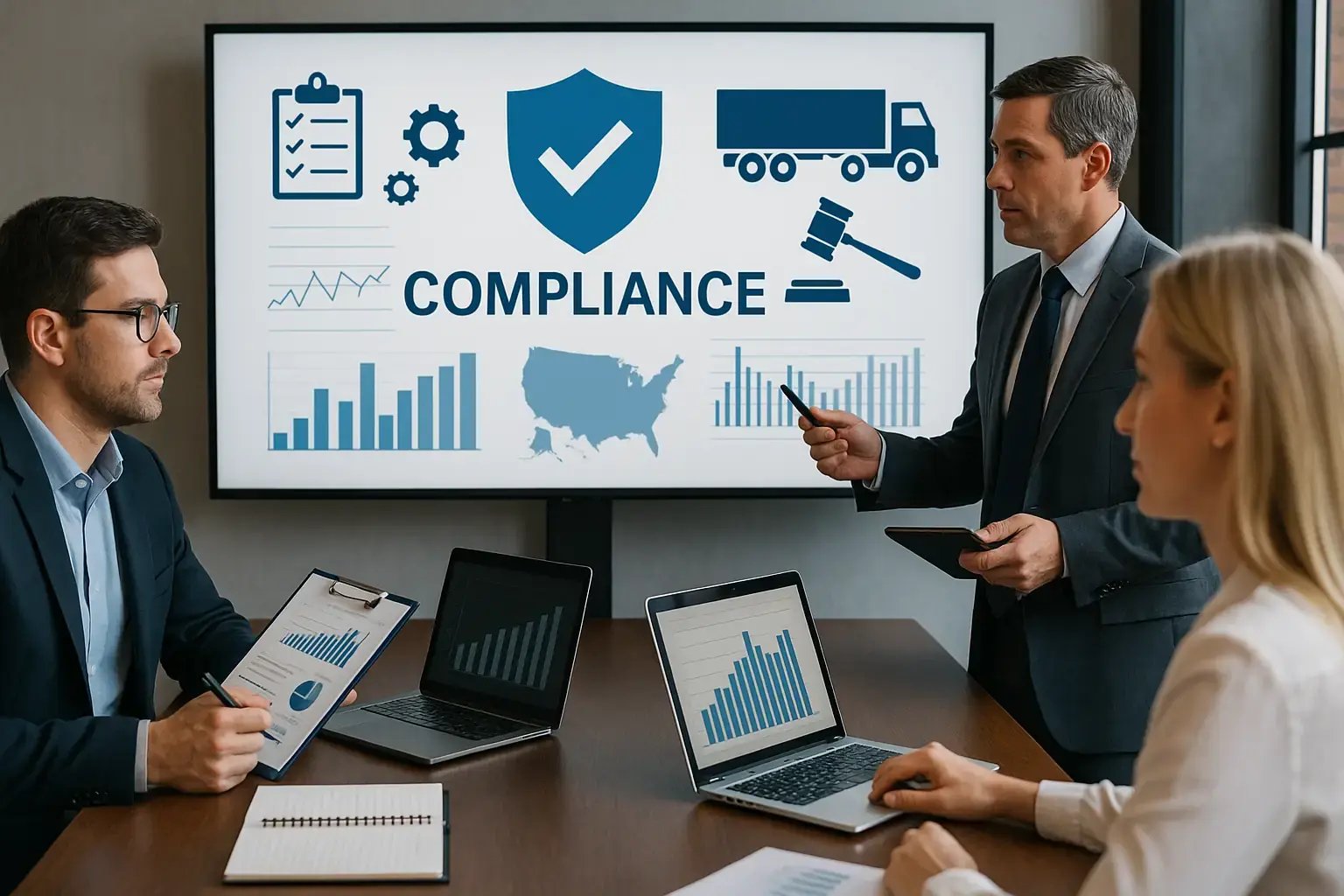 Geschäftsmann analysiert Logistikdaten am Laptop, im Hintergrund stehen Lkw und Container auf einem Betriebshof.