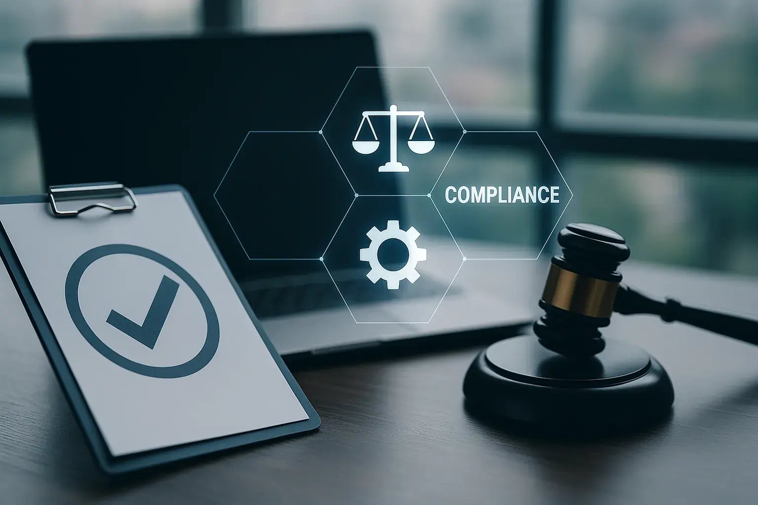 Symbolische Darstellung von Compliance mit Waage, Zahnrad und Checkliste vor einem Laptop und Richterhammer.