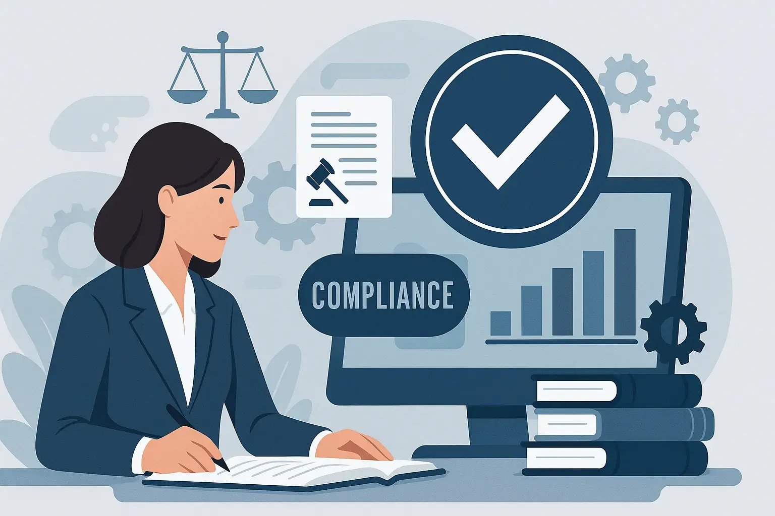 Illustration einer Frau, die an einem Compliance-Bericht arbeitet, mit Symbolen für Recht, Kontrolle und Prozessmanagement.