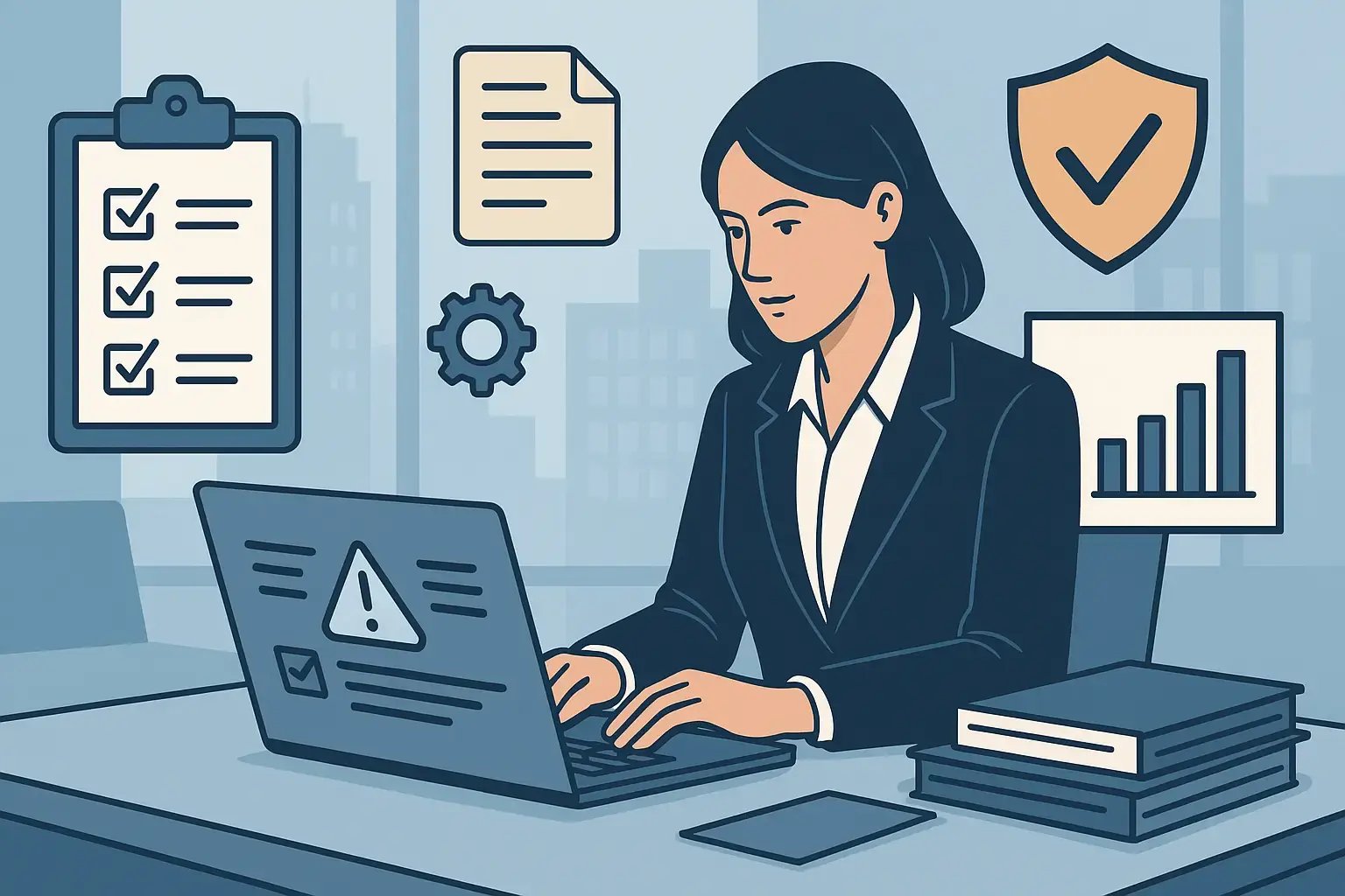 Illustration einer Frau im Büro, die an einem Laptop arbeitet; um sie herum Compliance-Symbole wie Häkchenliste, Dokumente und Schutznschild.