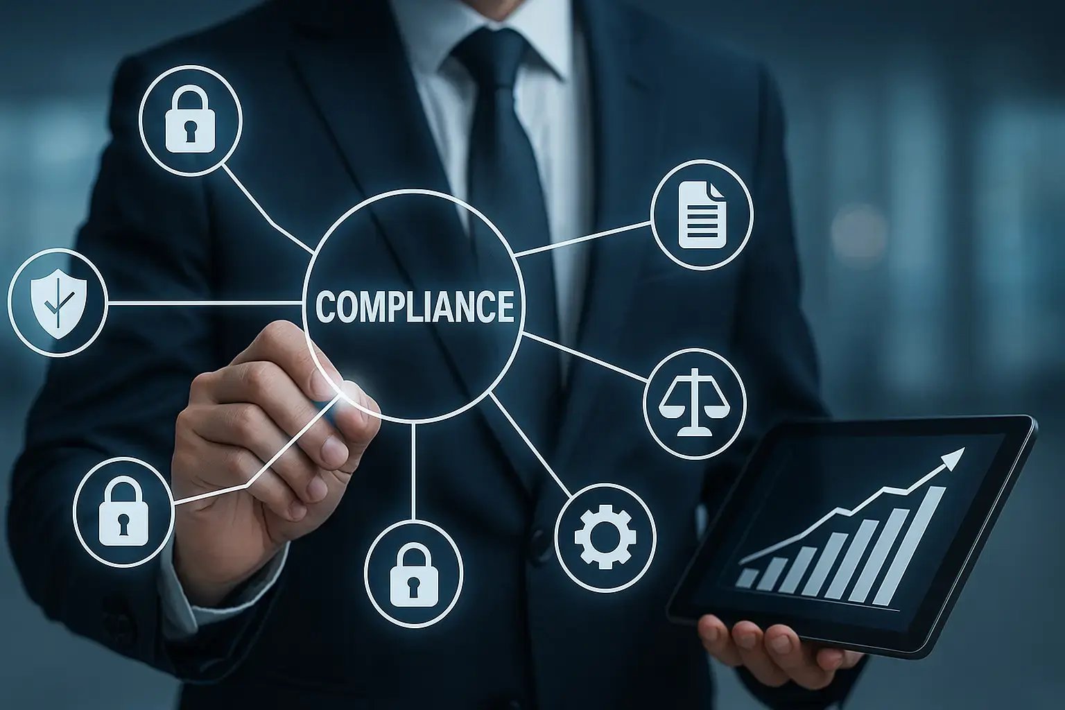 Ein Geschäftsmann zeigt graphische Compliance-Daten auf einem digitalen Tablet in einer modernen Umgebung.