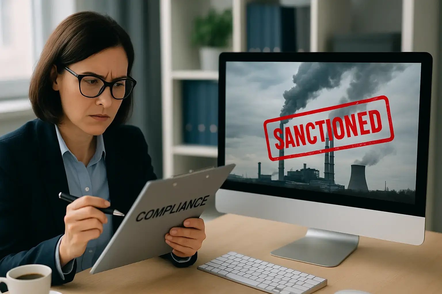 Compliance-Beauftragte prüft Unterlagen, während auf dem Computerbildschirm ein Industriebild mit dem Hinweis ‚Sanctioned‘ erscheint.