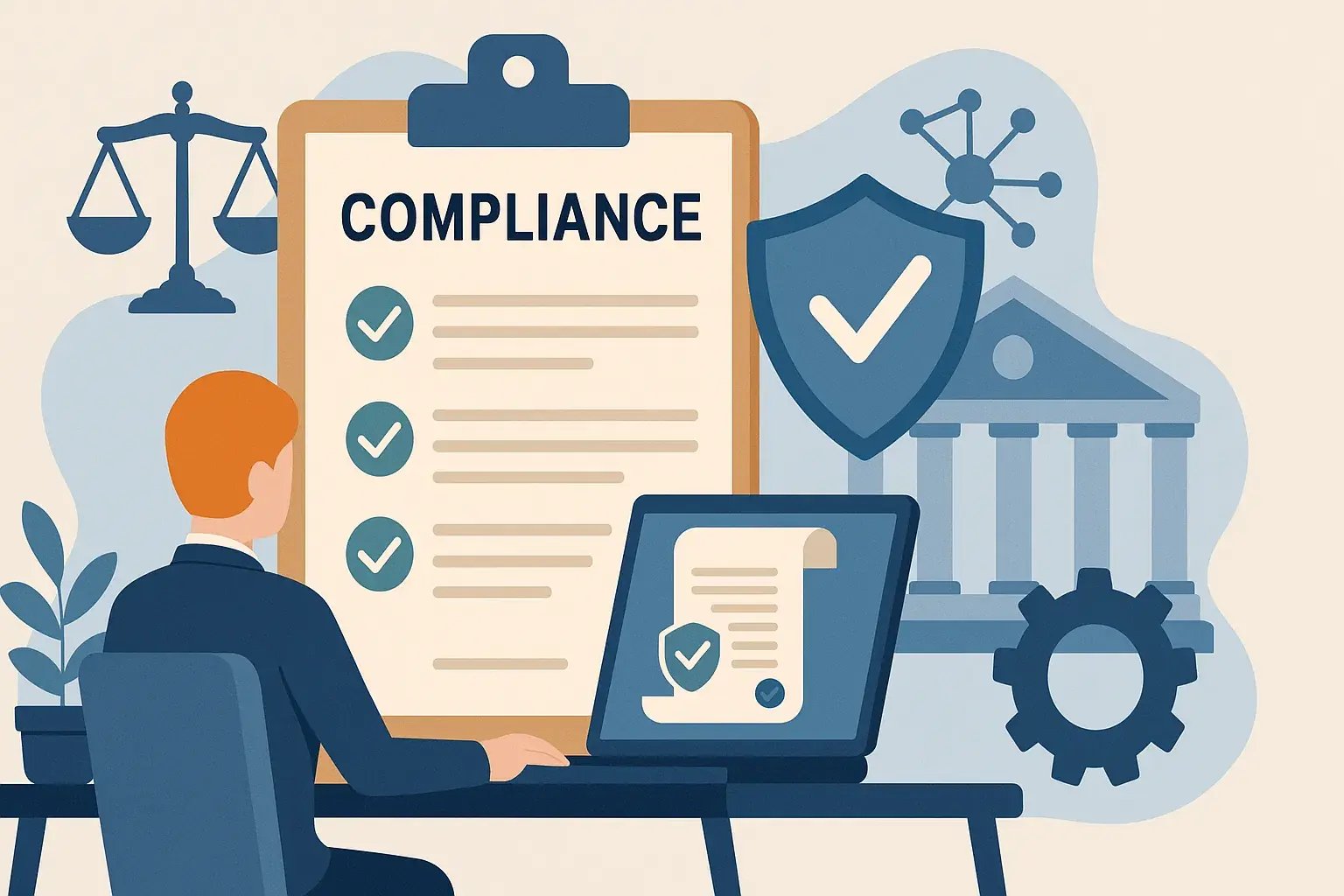 Illustration eines Mitarbeiters, der an einem Computer Compliance-Richtlinien prüft, mit Symbolen für Recht, Sicherheit und Organisation.