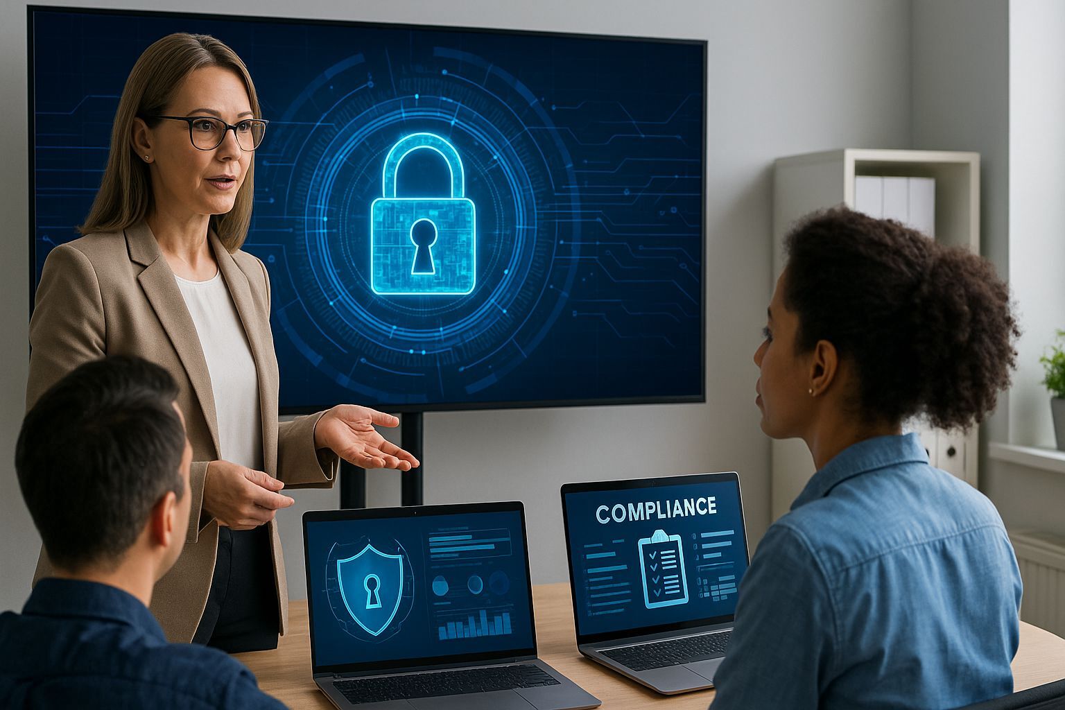 Trainerin erklärt einem Team IT-Sicherheits- und Compliance-Richtlinien anhand von Präsentationen.