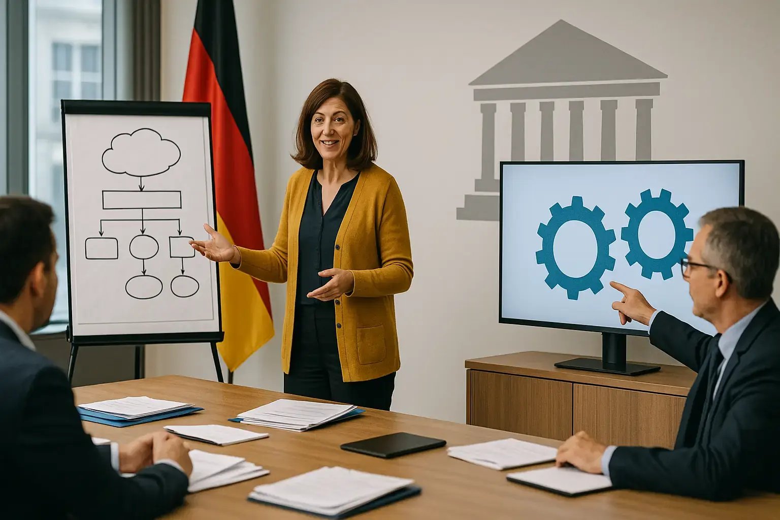 Frau präsentiert in einem Meeting ein Ablaufdiagramm und spricht über Prozesse, während Kollegen aufmerksam zuhören.