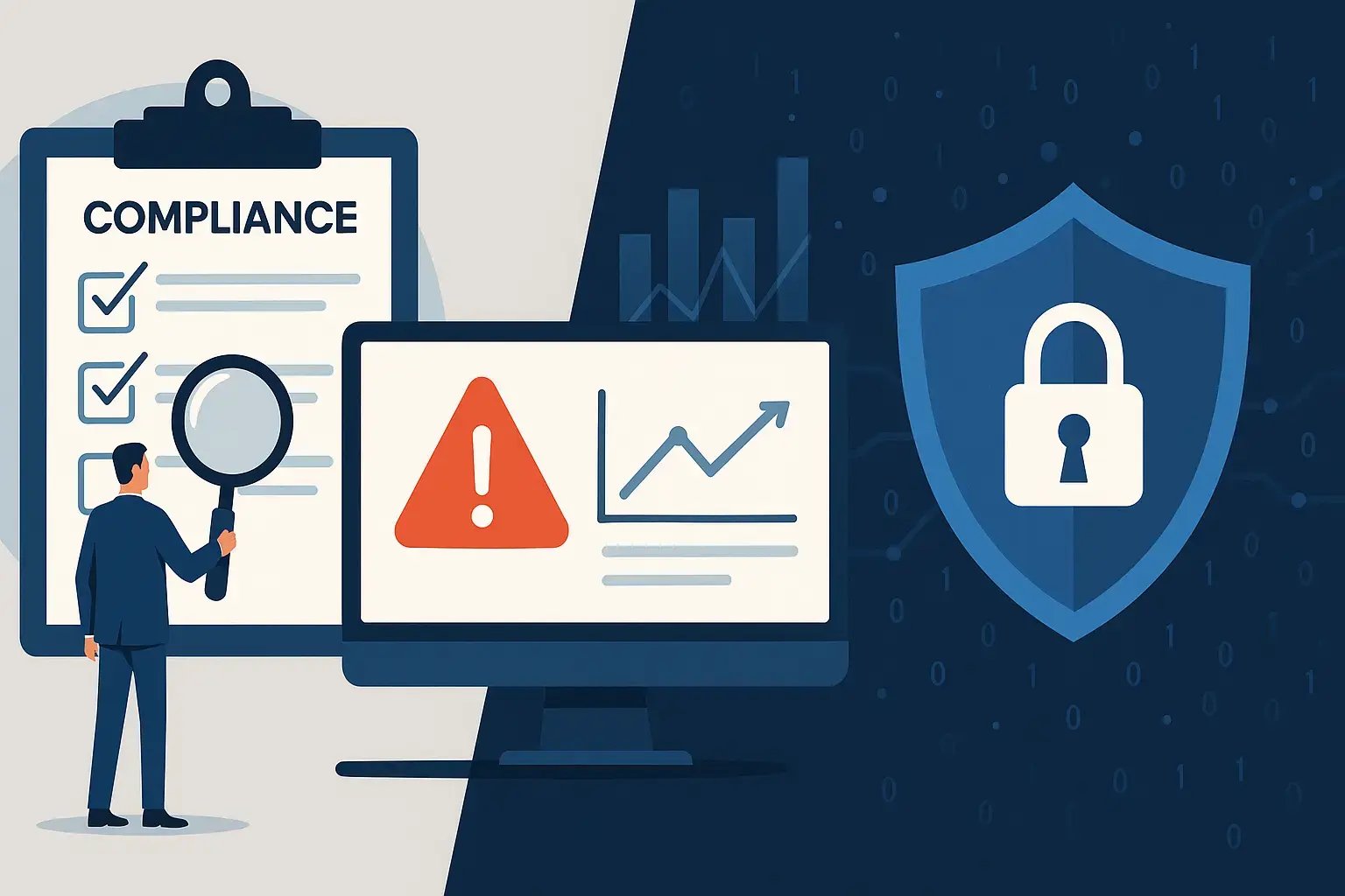 Grafiken und Checklisten zur Compliance und Sicherheit auf einem Computer Bildschirm.