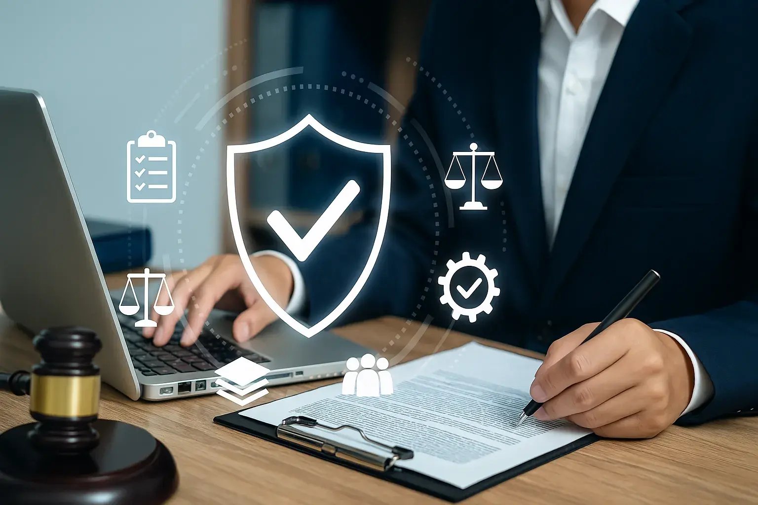 Geschäftsperson unterschreibt ein Dokument am Laptop, umgeben von Symbolen für Datenschutz, Recht und Compliance.