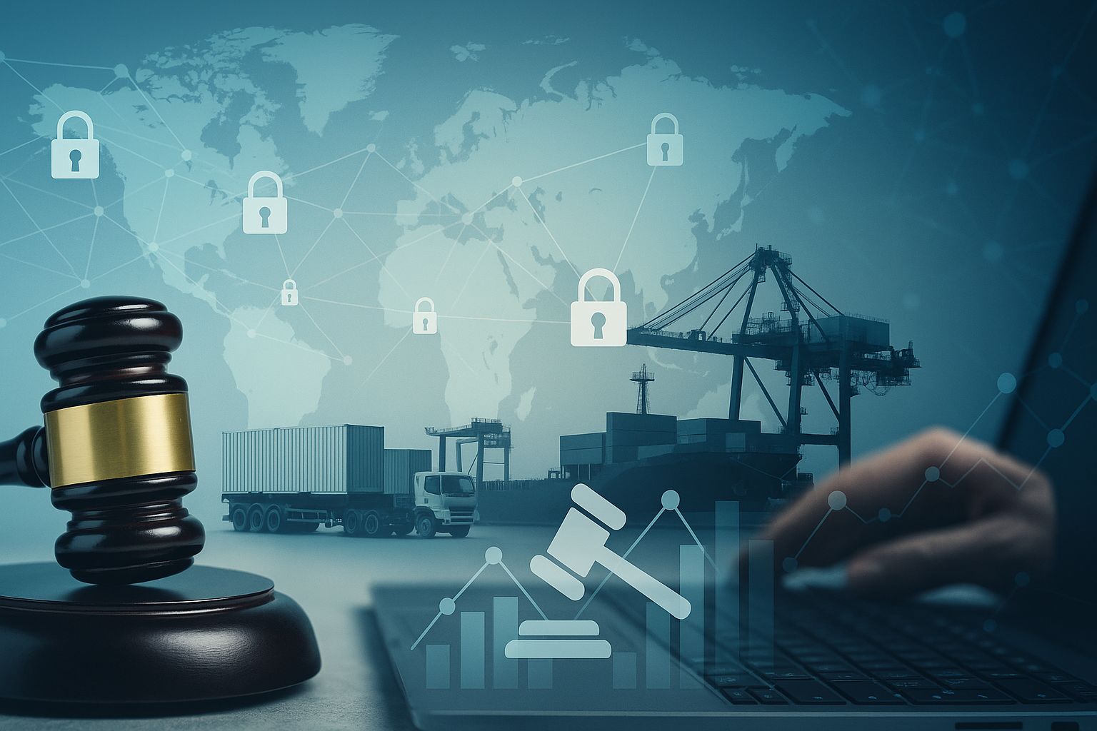 Darstellung von globaler Lieferkette mit Sicherheits- und Rechtssymbolen, die internationale Compliance verdeutlichen.