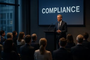 Ein Redner spricht über Compliance vor einem Publikum in einem modernen Konferenzraum.