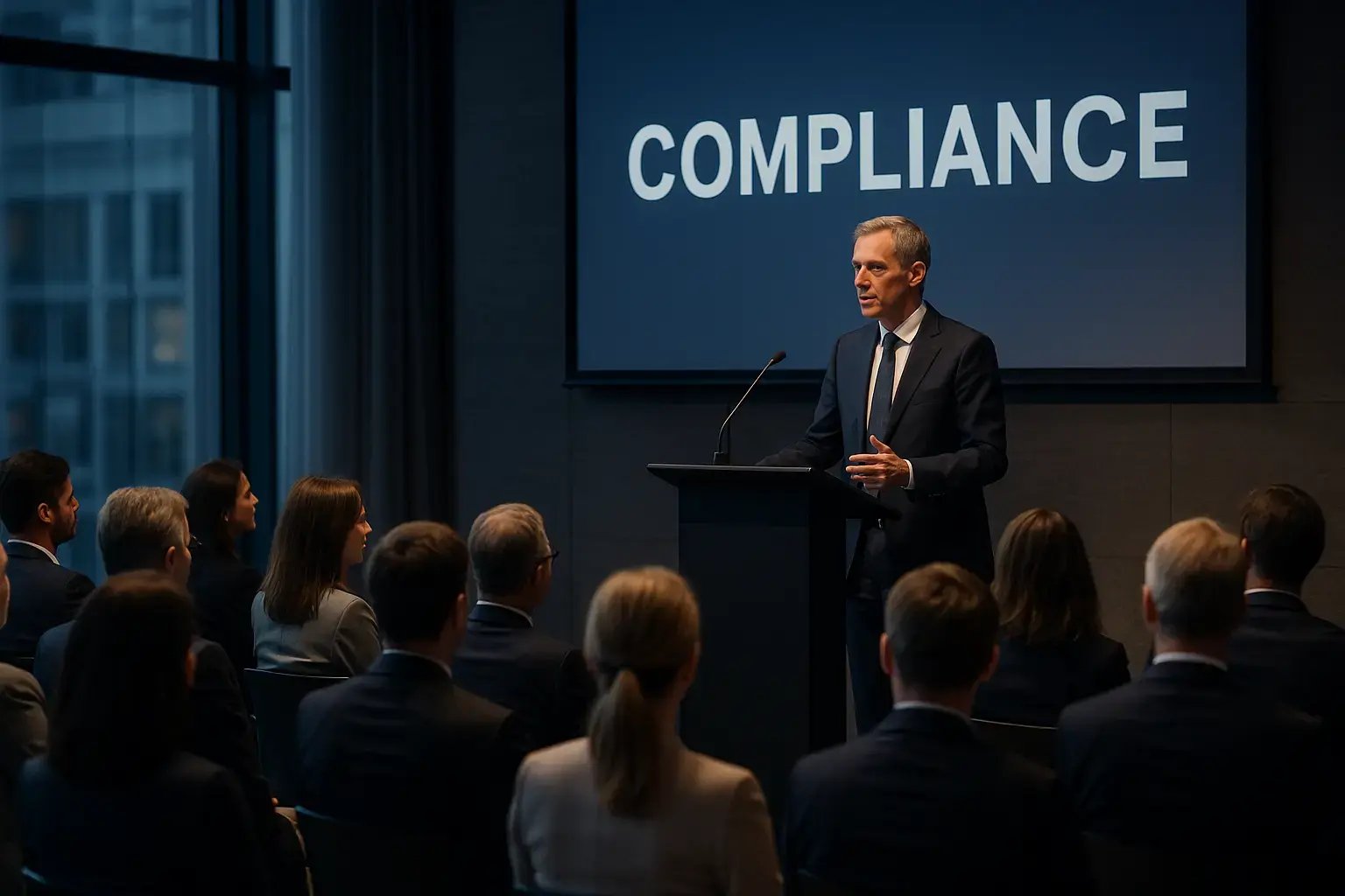 Ein Redner spricht über Compliance vor einem Publikum in einem modernen Konferenzraum.