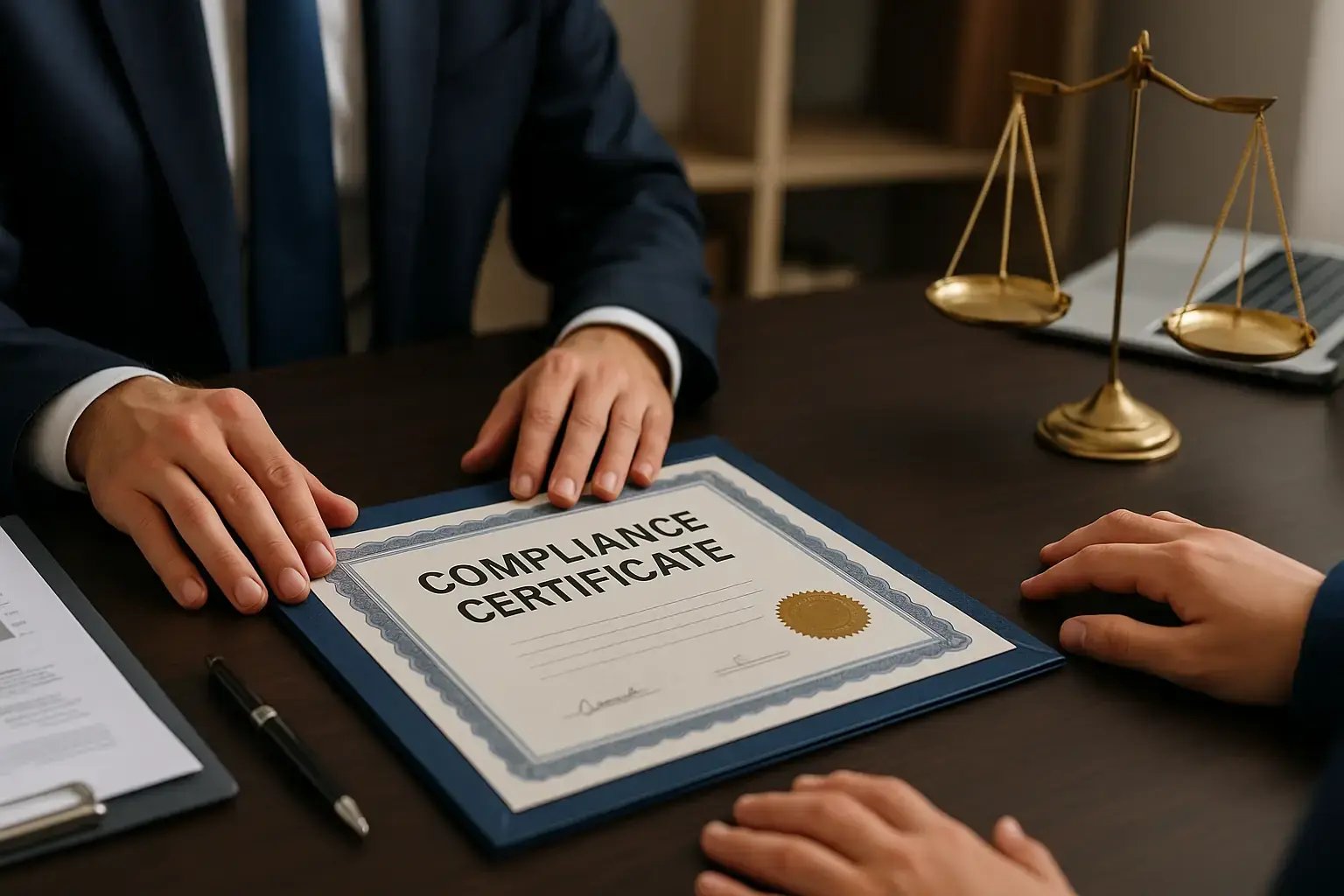 Geschäftsmann legt ein Compliance-Zertifikat auf den Tisch, daneben eine Waage als Symbol für Recht und Verantwortung.