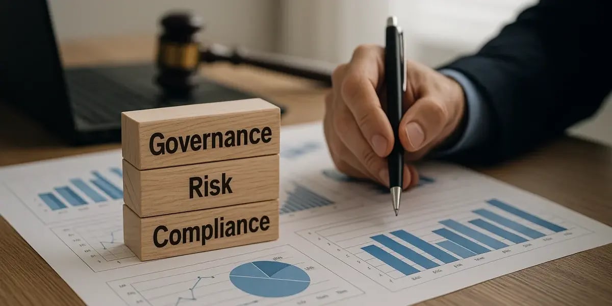 Drei Holzbausteine mit den Begriffen Governance, Risk und Compliance auf einem Schreibtisch mit Diagrammen und Laptop – Symbolbild für GRC-Management.