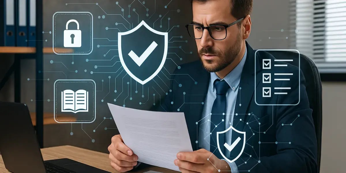 Ein Geschäftsmann im Anzug sitzt an einem Schreibtisch, liest ein Dokument und ist von digitalen Symbolen zu Datenschutz und Sicherheit umgeben.
