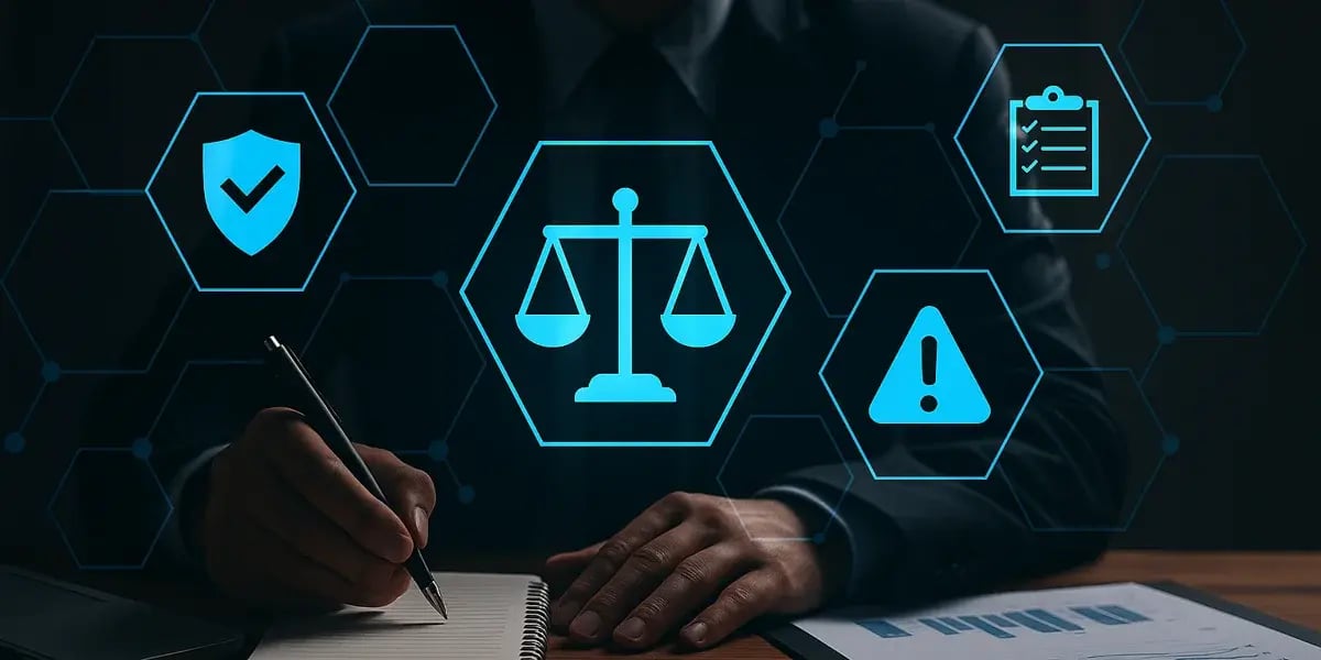 Geschäftsmann bei der Arbeit mit digitalen Symbolen für Recht, Sicherheit und Risiko – abstrakte Darstellung von Compliance und regulatorischen Anforderungen.