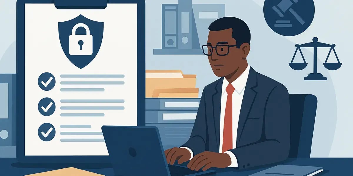 Illustration eines Mannes im Anzug, der an einem Laptop arbeitet, neben einem großen Clipboard mit Datenschutzsymbol und Checkliste.