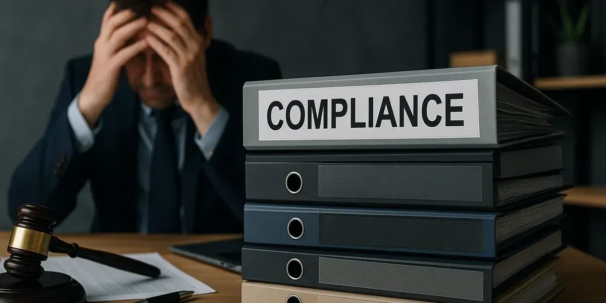 Gestresster Geschäftsmann am Schreibtisch mit Aktenstapel und Ordner mit Aufschrift „Compliance“
