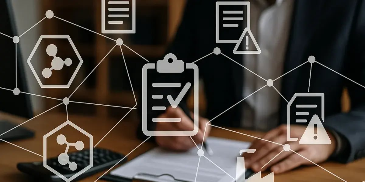 Abstrakte Darstellung eines Netzwerks mit Symbolen für Dokumente, Chemie und Industrie über einer Person am Schreibtisch.