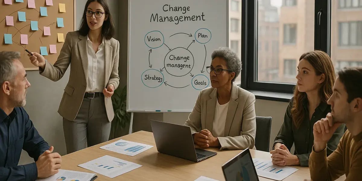 Teammeeting über Change Management mit Flipchart, auf dem Vision, Strategie, Plan und Ziele dargestellt sind.