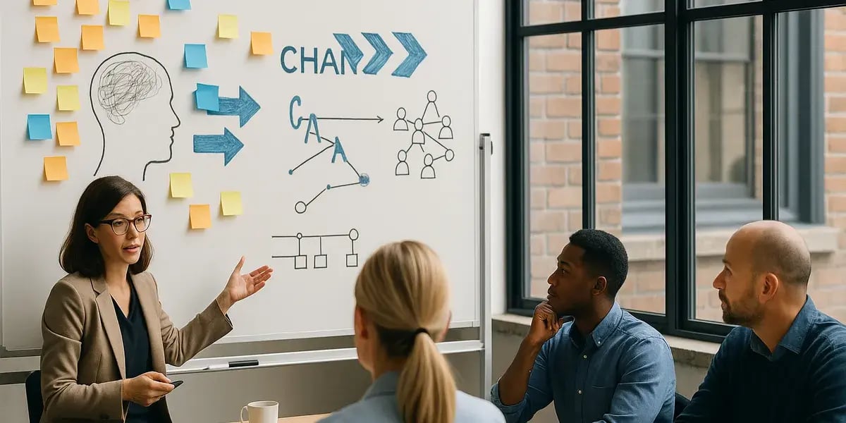 Frau erklärt an Whiteboard mit Diagrammen und Post-its ein Change-Projekt vor einem Team.