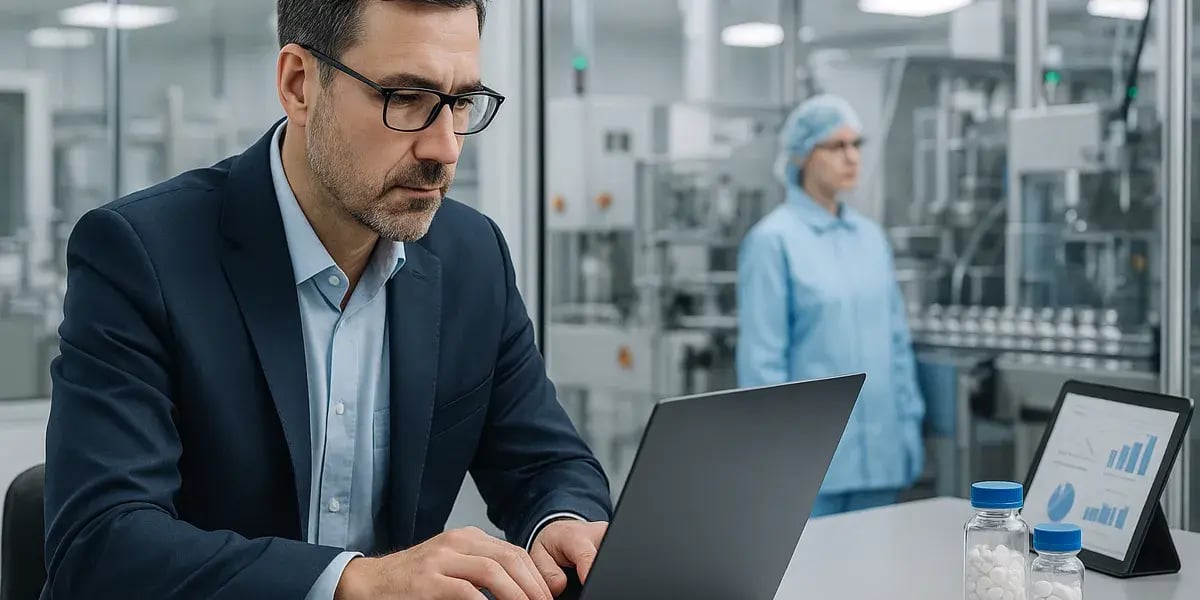 Geschäftsmann arbeitet im Reinraum an einem Laptop mit Medikamentenfläschchen und Produktionsstatistiken auf einem Tablet.