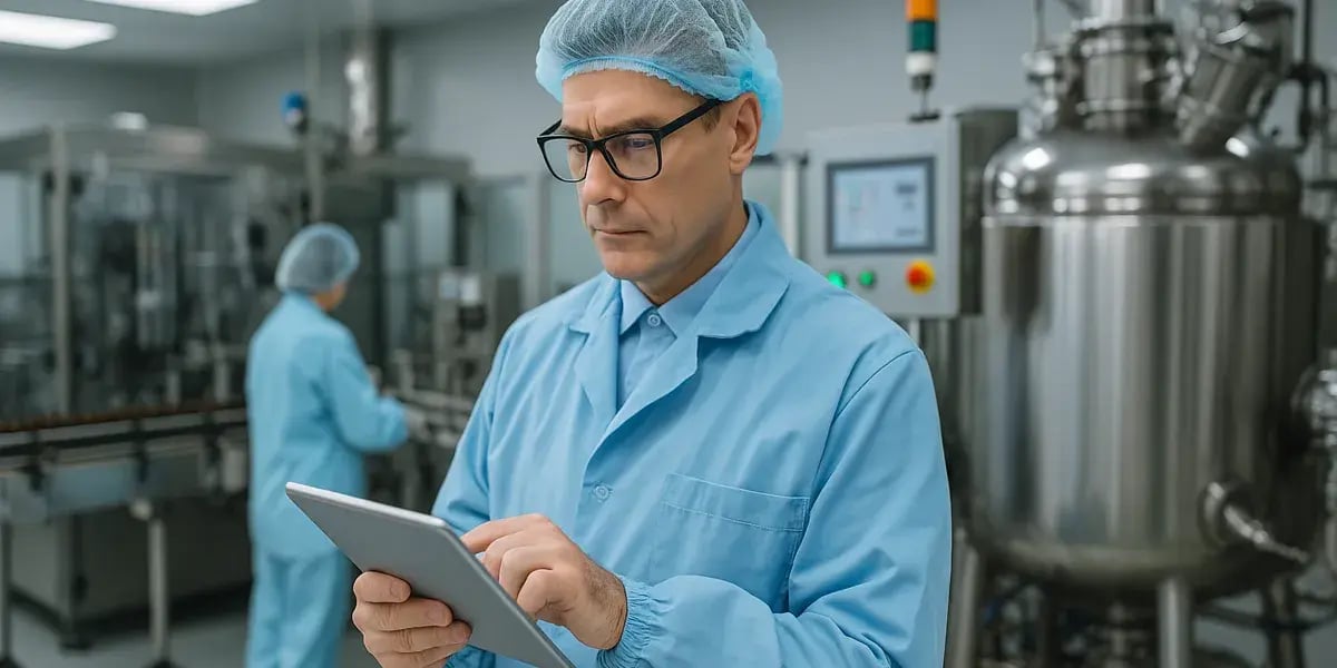 Mitarbeiter im Reinraumanzug überwacht mit einem Tablet die pharmazeutische Produktion neben Edelstahlmaschinen.
