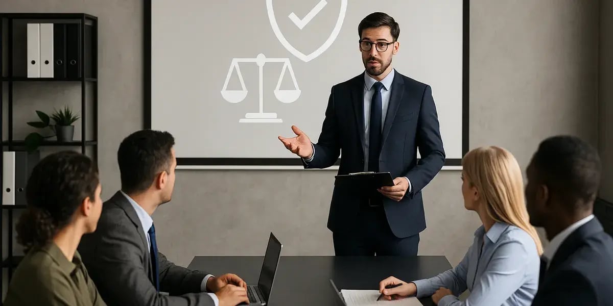 Geschäftsmann in Anzug hält Compliance-Präsentation vor Kollegen mit Symbolen für Recht und Sicherheit im Hintergrund.