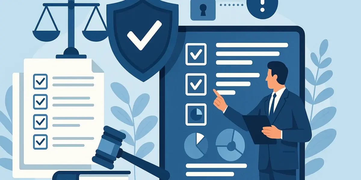 Illustration zu Compliance mit Checkliste, Waage, Richterhammer und Sicherheitssymbol.