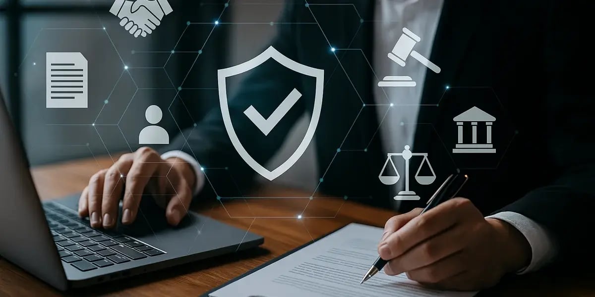 Businessmann arbeitet am Laptop mit Symbolen für Sicherheit, Recht und Compliance.