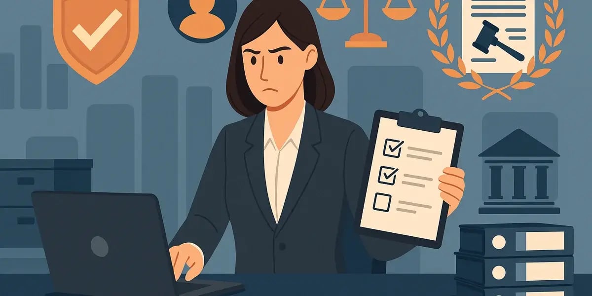 Illustration einer Geschäftsfrau mit Laptop und Checkliste zum Thema Compliance und Rechtssicherheit.