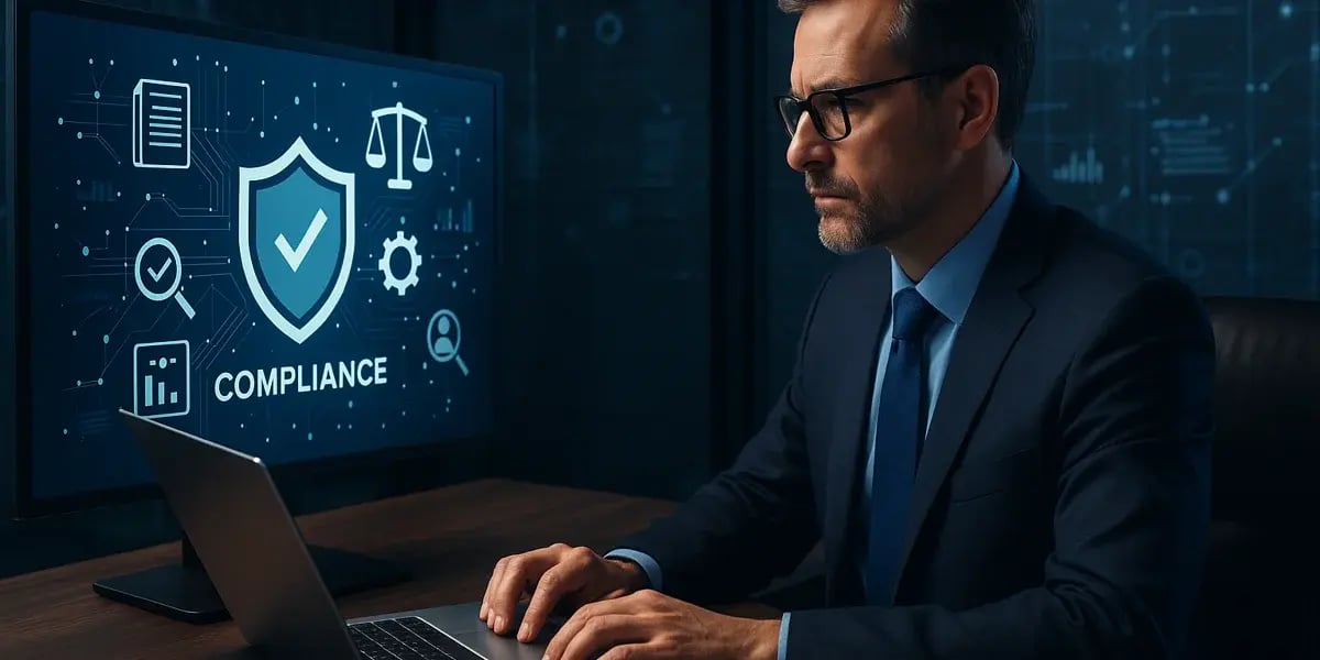 Geschäftsmann am Laptop mit Compliance-Symbolen auf dem Bildschirm.