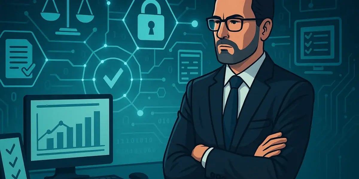 Illustration eines Managers mit Symbolen für Sicherheit, Recht und Compliance im Hintergrund.