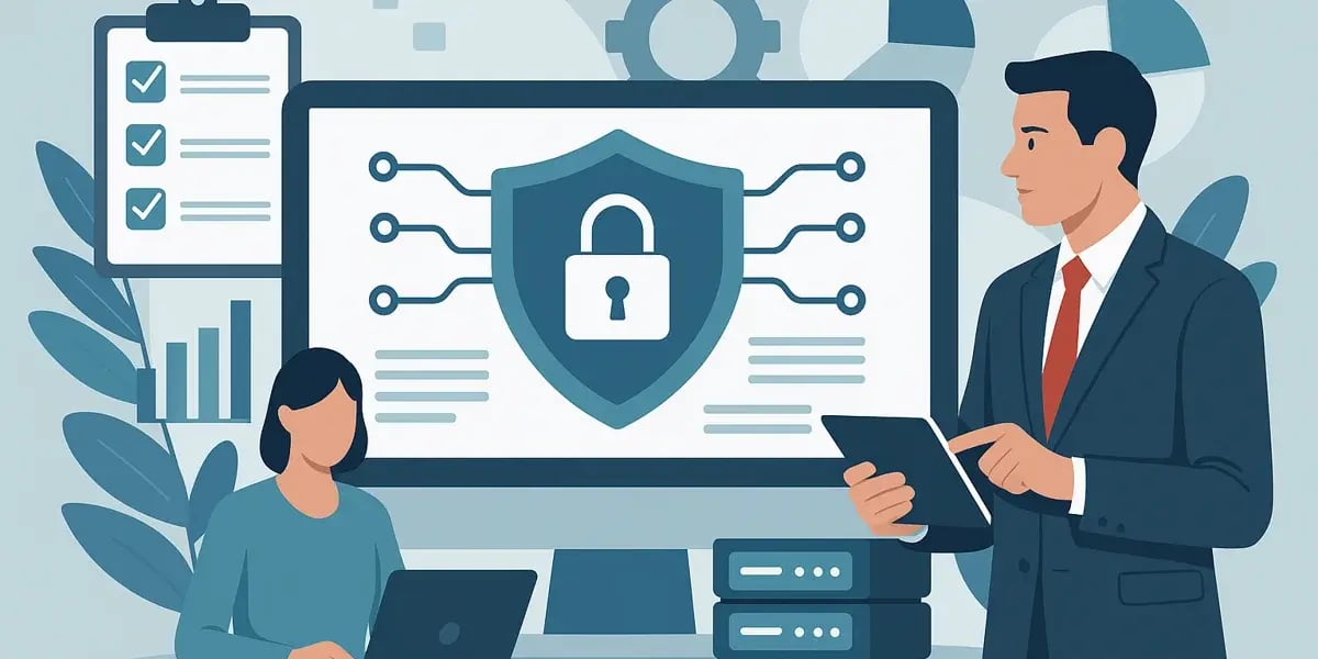 Illustration von Geschäftsleuten mit Bildschirm zum Thema IT-Sicherheit und Datenschutz.