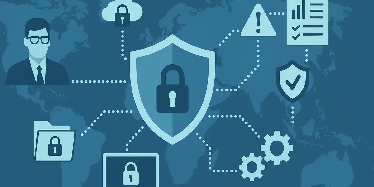 Cybersecurity-Illustration mit globalem Netzwerk, Schloss-Symbolen und IT-Sicherheitsgrafiken.