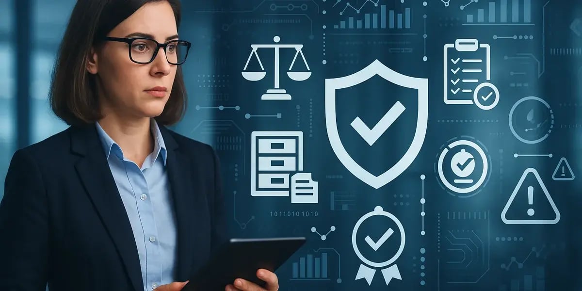 Geschäftsfrau mit Tablet vor Symbolen für Sicherheit, Compliance und Datenmanagement.