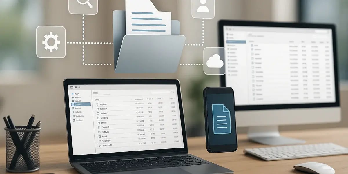 Digitale Dokumentenverwaltung mit Laptop, Smartphone und Desktop im Büro.