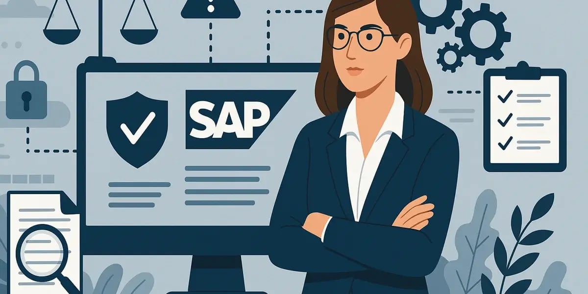Illustration einer Managerin vor Bildschirm mit SAP-Logo, Checklisten und Compliance-Symbolen.