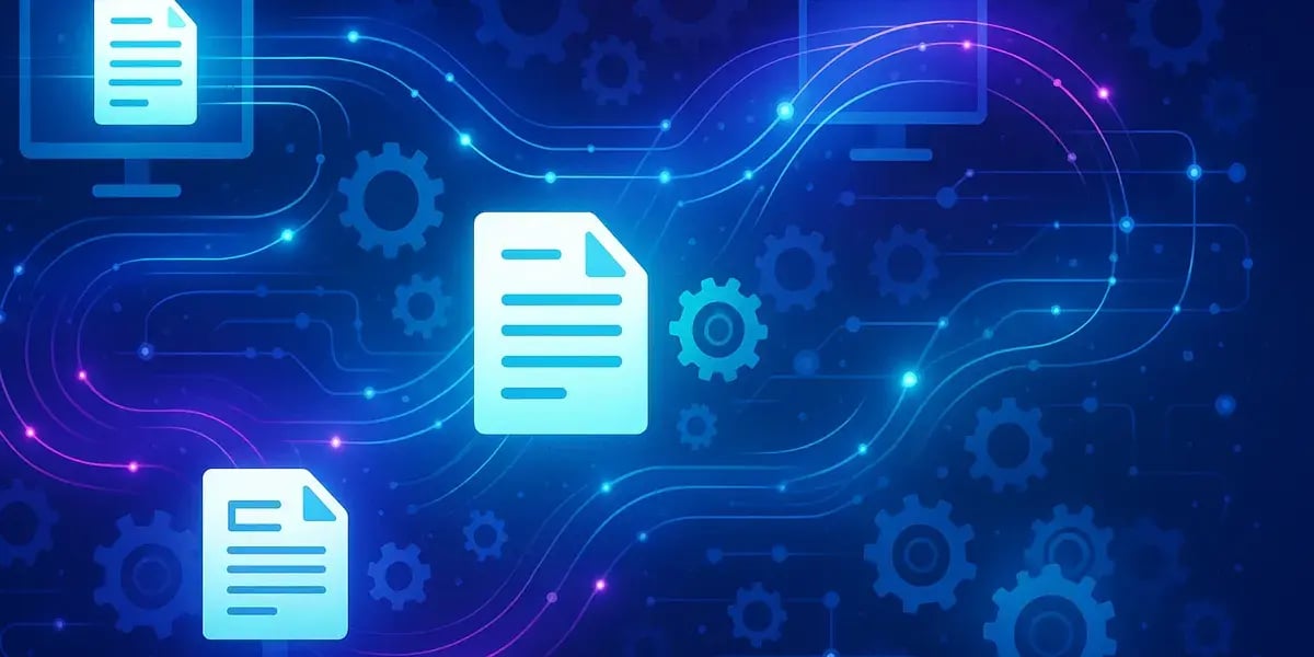 Eine digitale Illustration zeigt Datenflüsse und Zahnräder zwischen mehreren Computern und Dokumenten, die symbolisch für automatisierte Datenübertragung und Dokumentenverarbeitung stehen.