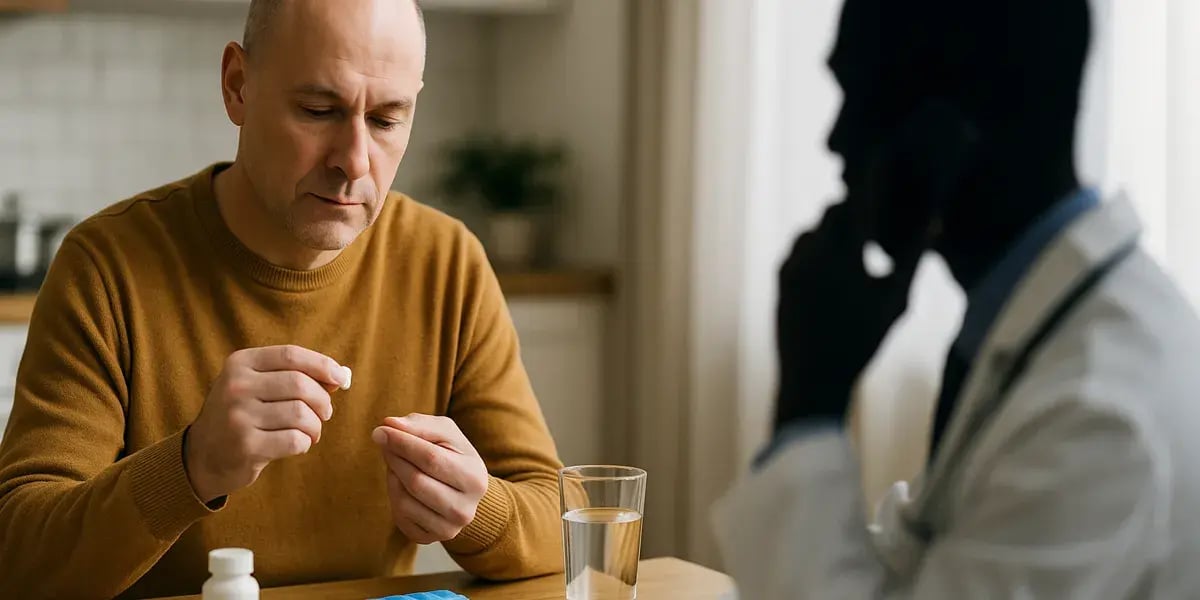 Ein Mann in senffarbenem Pullover nimmt Medikamente ein. Vor ihm stehen ein Glas Wasser, eine Medikamentenbox und ein Arzt, der im Hintergrund telefoniert.