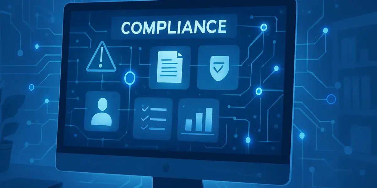Ein Computermonitor zeigt das Wort „COMPLIANCE“ umgeben von Symbolen für Dokumente, Warnhinweise, Sicherheit, Benutzer und Statistiken – eingebettet in eine digitale, vernetzte Umgebung.