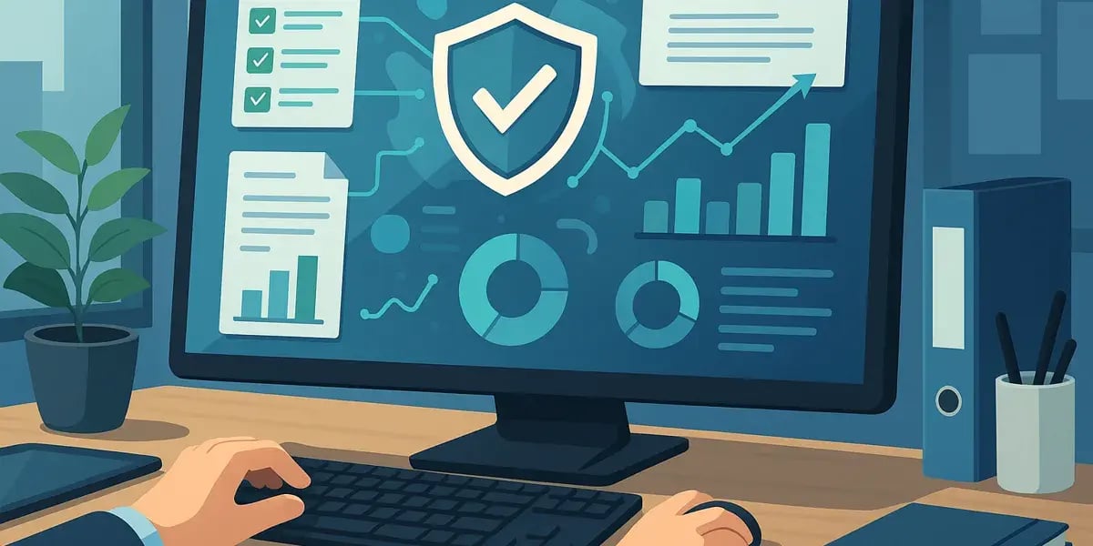 Eine Illustration zeigt eine Person an einem Schreibtisch, die sich eine Übersicht zu Datenschutz, Sicherheitsanalysen und Konformität auf einem Monitor ansieht – dargestellt mit Diagrammen, Häkchen und einem Schildsymbol.