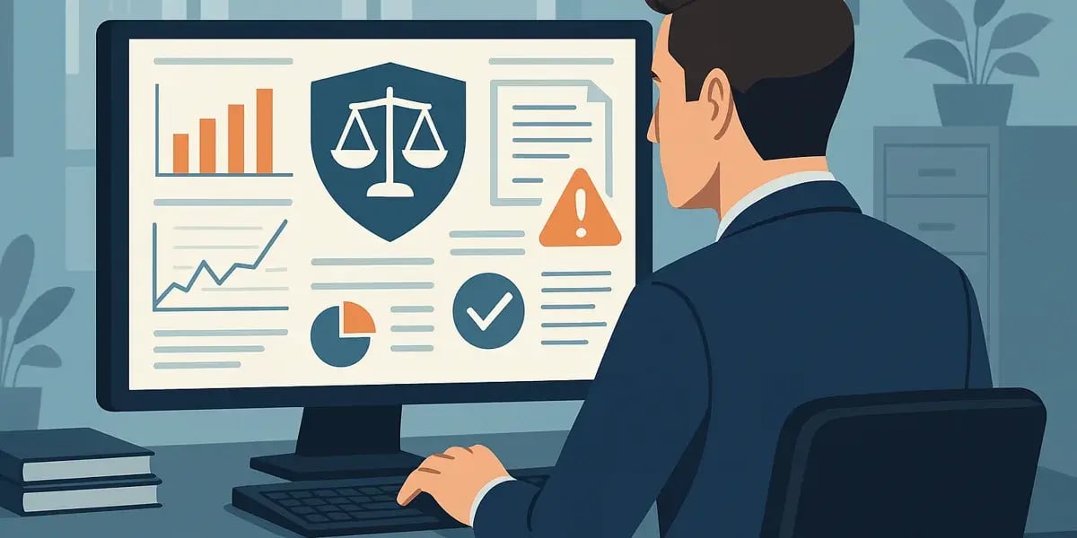 Illustration eines Geschäftsmanns vor Monitor mit Symbolen zu Recht, Datenschutz und Compliance.