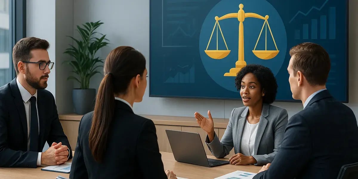 Eine Geschäftsfrau hält eine Präsentation über rechtliche oder Compliance-Themen in einem modernen Konferenzraum. Im Hintergrund zeigt ein Bildschirm eine goldene Waage als Symbol für Gerechtigkeit.