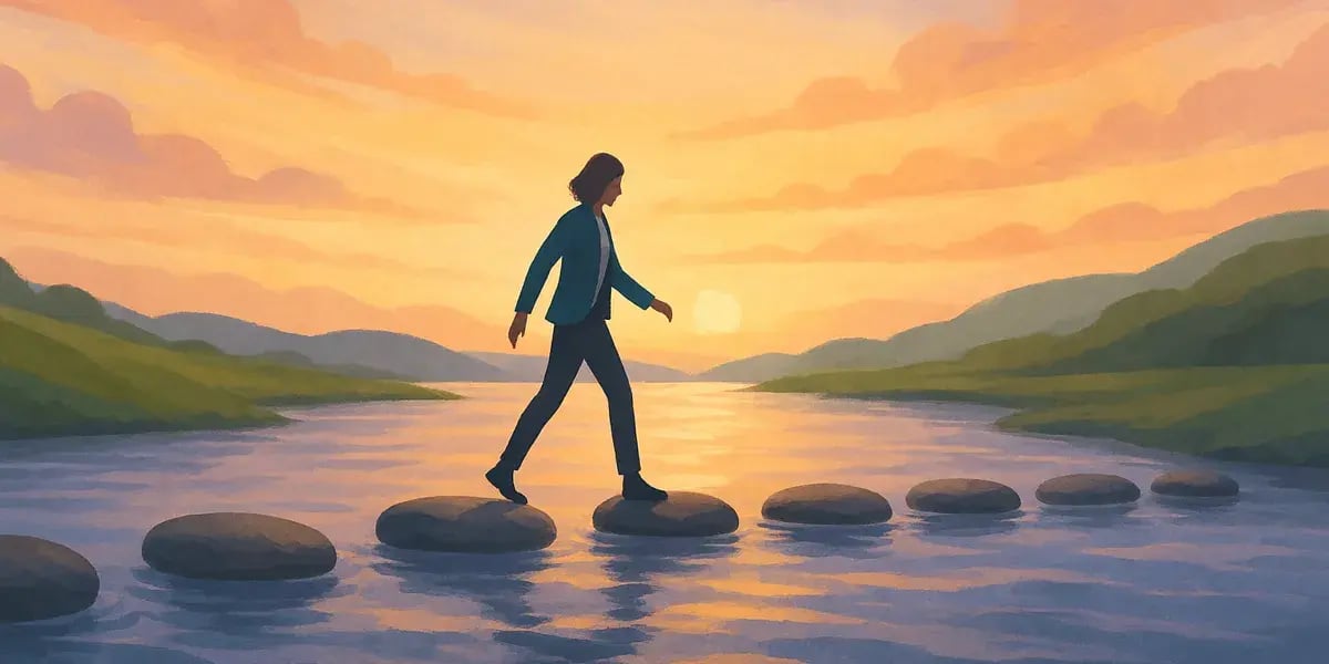 Eine stilisierte Szene zeigt eine Person, die bei Sonnenuntergang über große Steine in einem Fluss balanciert. Die Landschaft ist von sanften Hügeln und ruhigem Wasser umgeben.