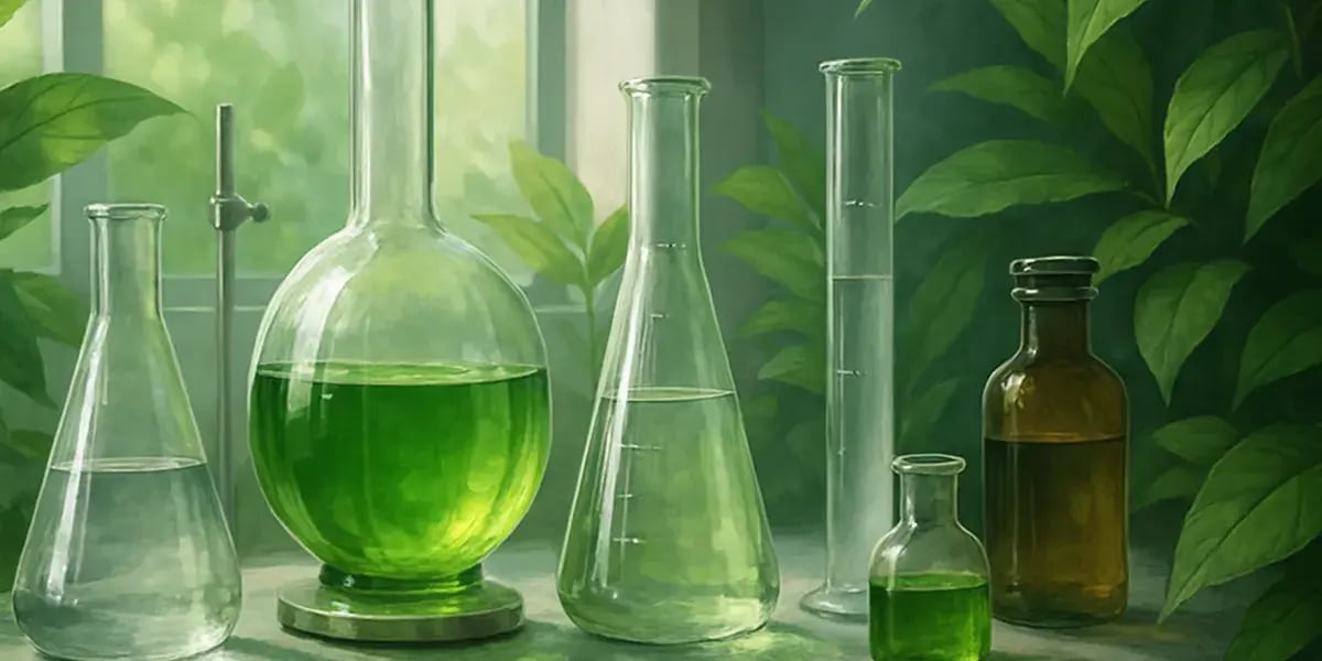 Eine künstlerische Szene zeigt verschiedene Glasgefäße mit grünen Flüssigkeiten in einem sonnendurchfluteten Raum, umgeben von Pflanzen. Die Atmosphäre erinnert an ein natürliches Labor.