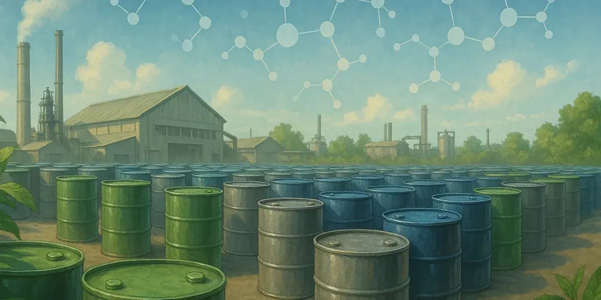 Ein Chemie-Industriegelände mit zahlreichen Fässern in Grün- und Blautönen. Molekularstrukturen schweben abstrahiert am Himmel – ein Symbol für industrielle Prozesse und Chemie.