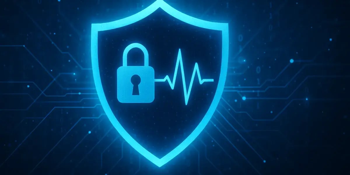 Ein digitales Schutzschild mit Schloss- und Herzfrequenzsymbol steht vor einem abstrakten binären Hintergrund – es visualisiert den Schutz sensibler Gesundheitsdaten.
