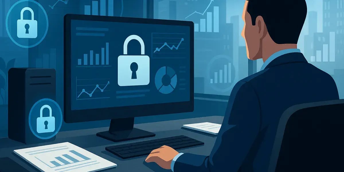 Eine stilisierte Illustration zeigt eine Person am Schreibtisch, die eine Analyse- und Sicherheitsplattform auf einem Monitor betrachtet. Mehrere Vorhängeschlösser visualisieren den Datenschutz.
