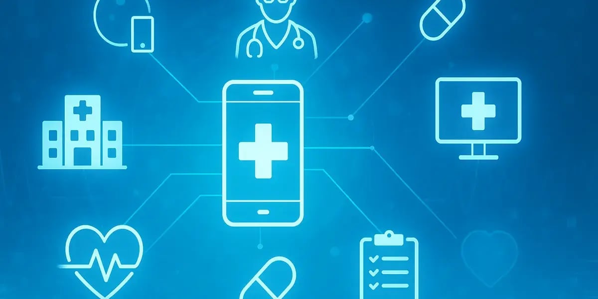 Eine stilisierte Darstellung eines digitalen Gesundheitsnetzwerks mit zentralem Smartphone-Symbol, umgeben von Icons wie Krankenhaus, Arzt, Herzfrequenz, Medikamenten und Akte.