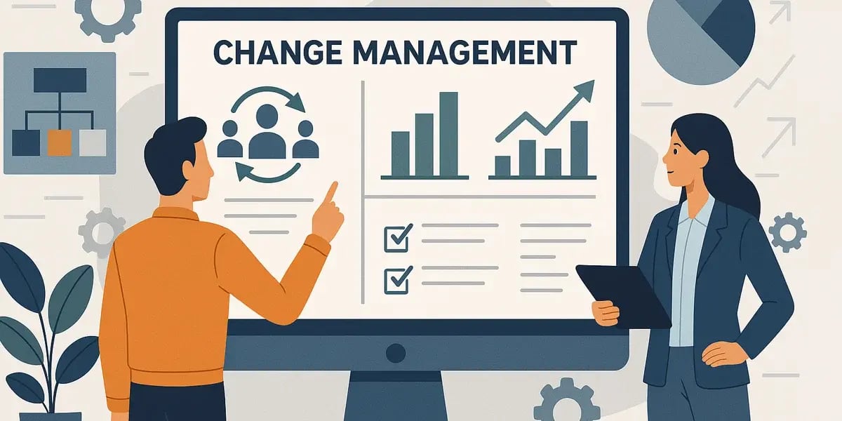 Illustration mit zwei Personen vor Bildschirm zum Thema Change Management mit Diagrammen.